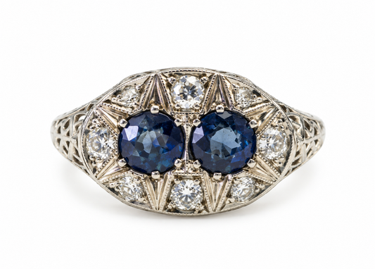 Vintage White Gold Filigree Ring Size 5.5 with Blue Sapphire and Diamond Accents - Image 1