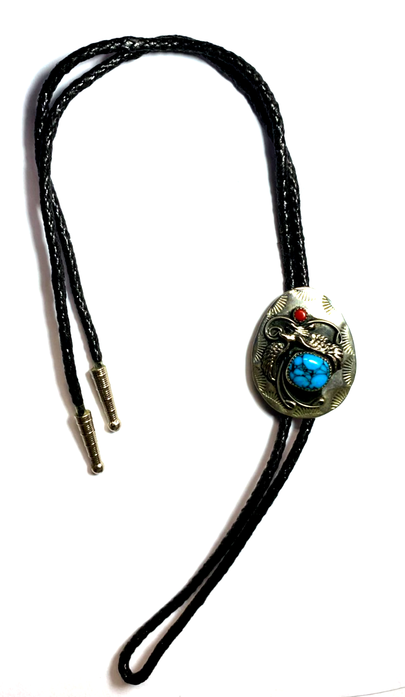 Silver Plated Turquoise Coral 2" x 1-1/2" Eagle Bolo Tie 18" - Image 1