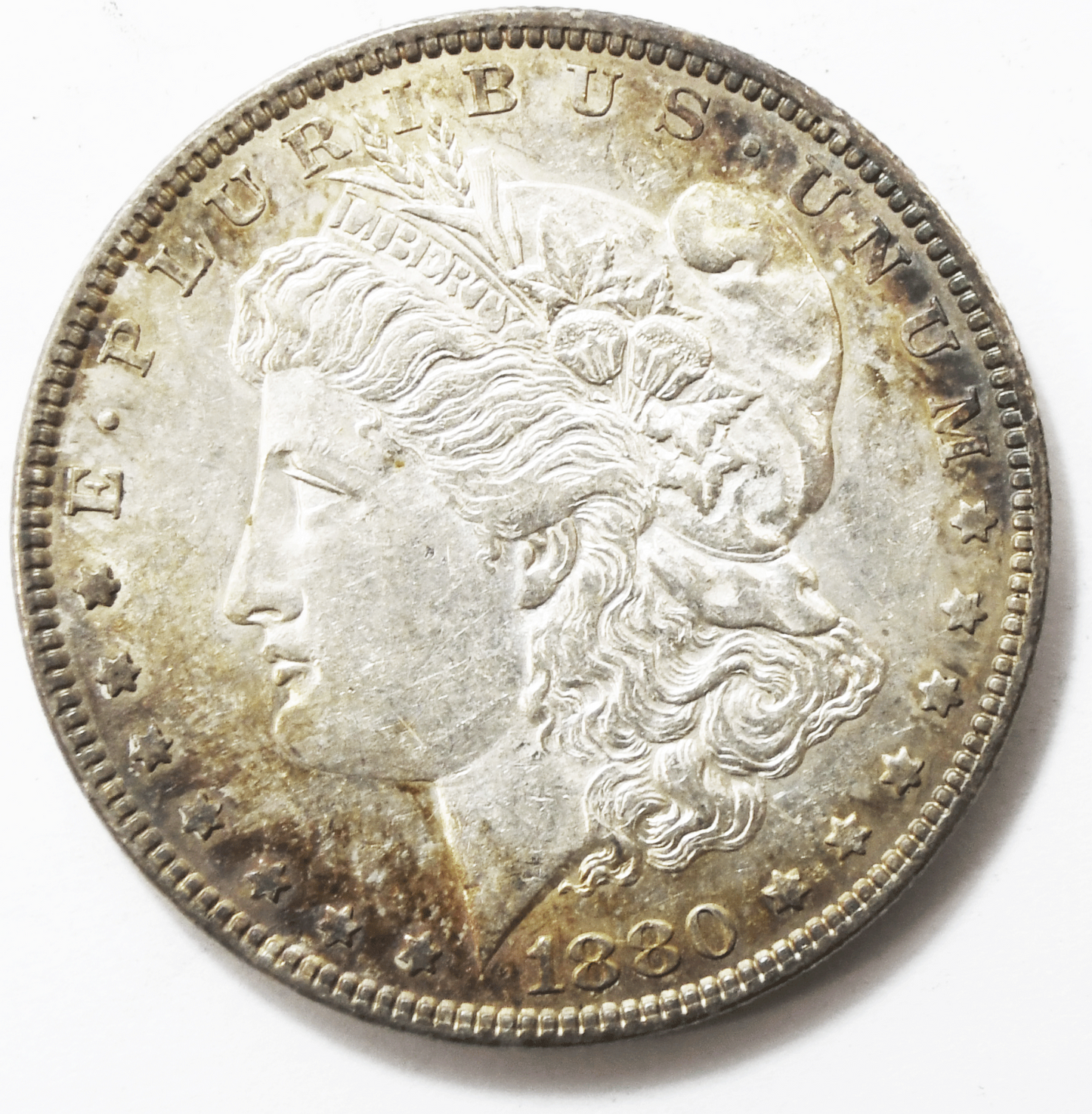 1880 $1 Morgan Silver One Dollar US Coin Philadelphia AU Rainbow Toned