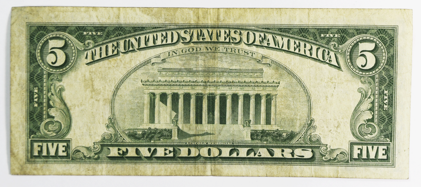 1963 $5 Five Dollars United States Legal Tender Note Red Seal Notes *01962080A