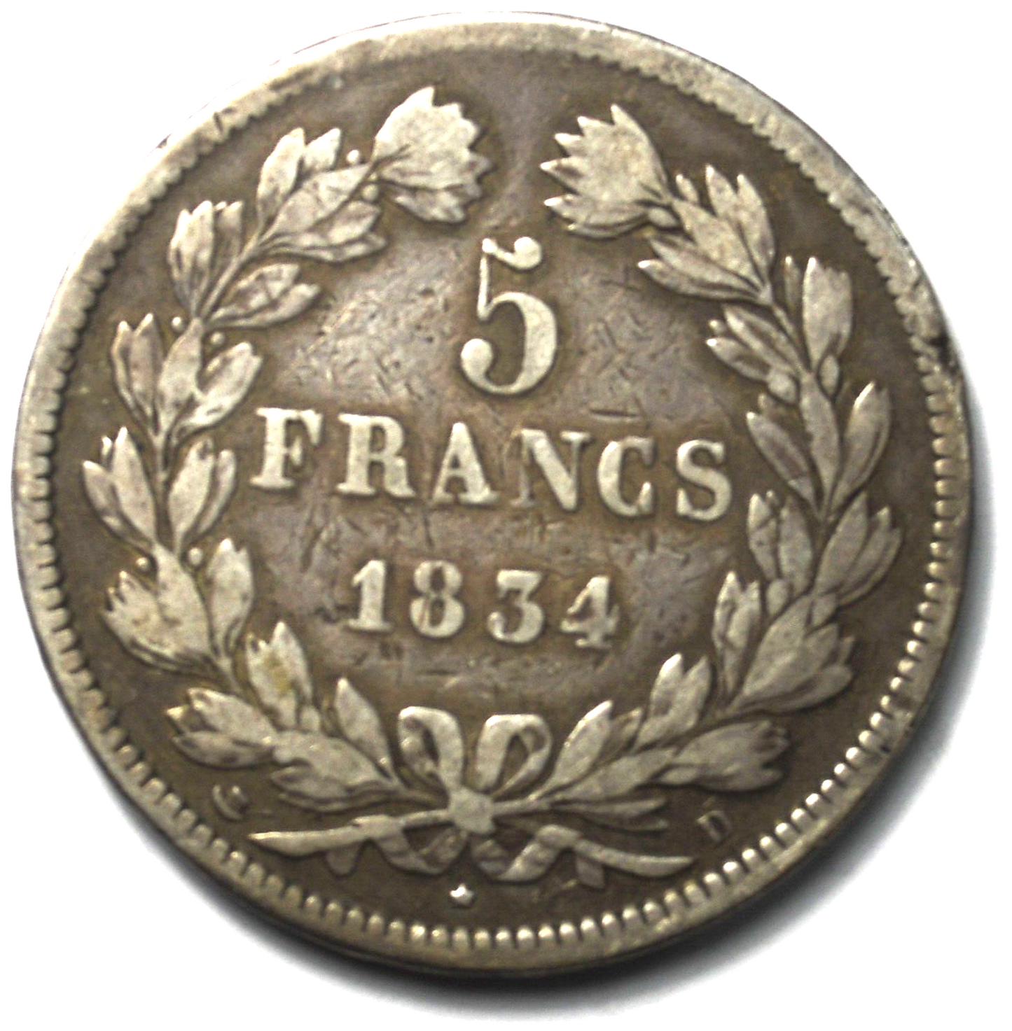 1843 D France 5 Five Francs Silver Coin KM# 749.4