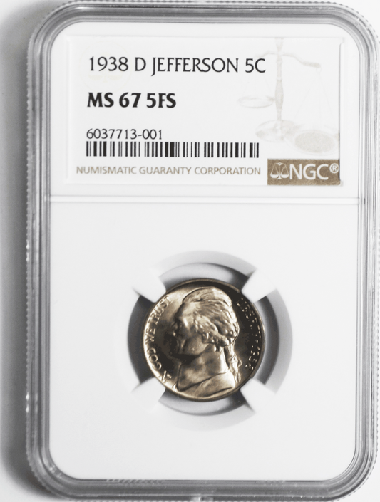 1938 D 5c Jefferson Nickel Five Cents NGC MS67 5FS BU Denver