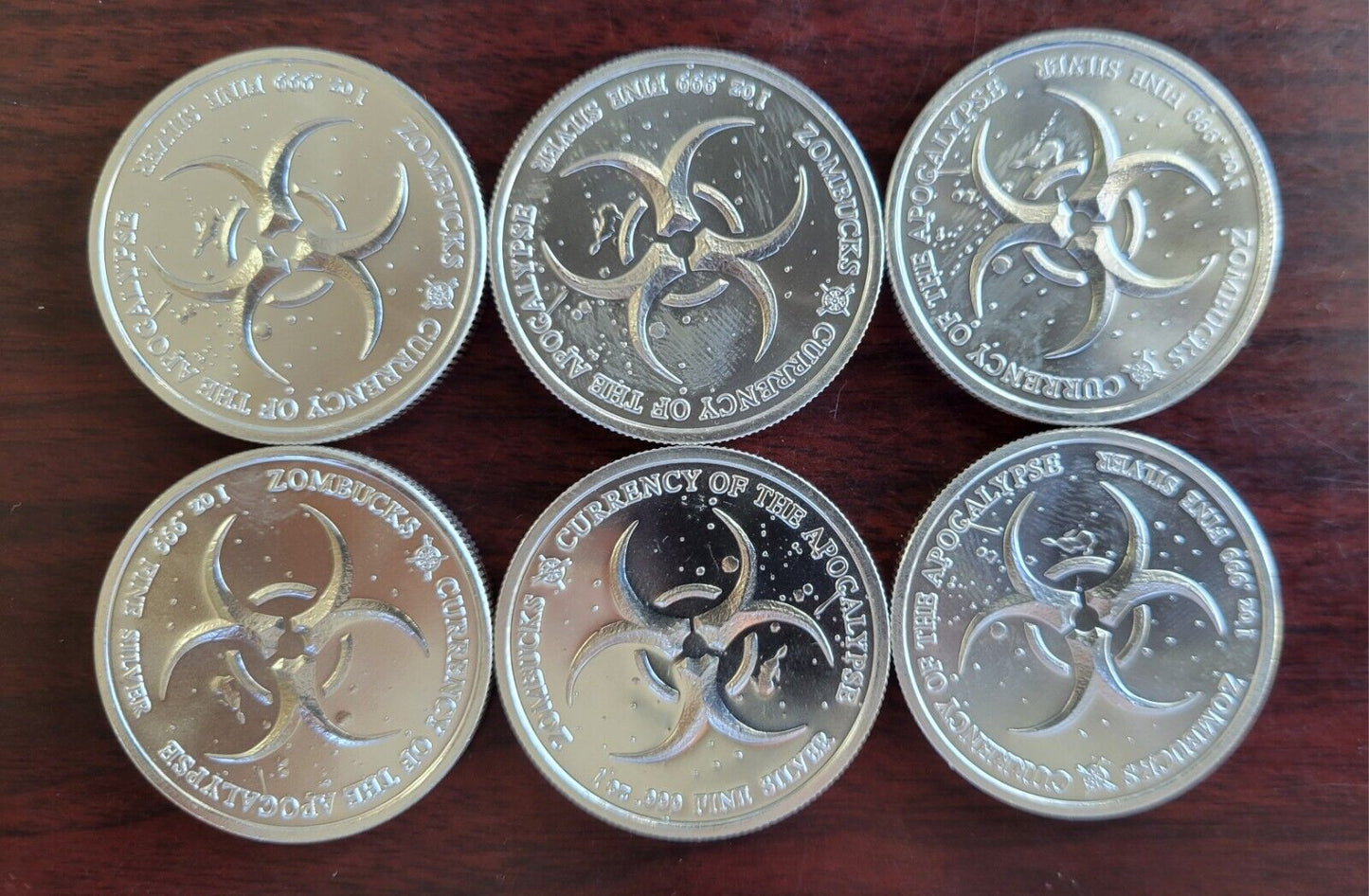 7pc Set Of Zombucks .999 Fine Silver 1oz. Zombuff, Morgue Anne, Murk Diem