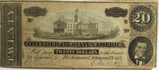 1864 $20 Confederate Note Currency Twenty Dollars CS-67 February 17th
