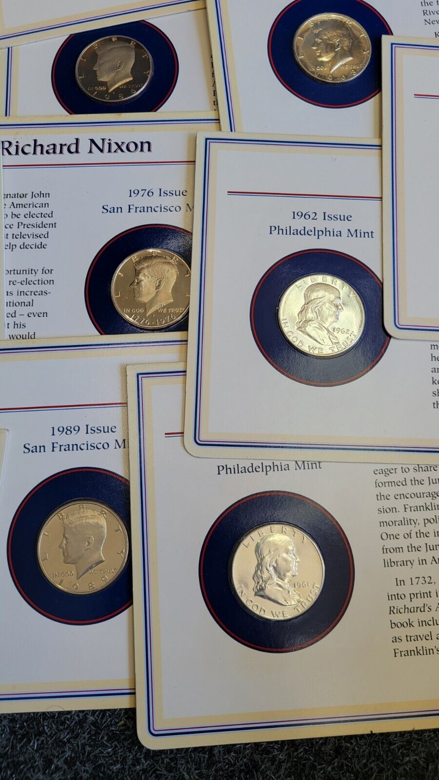 17pc. Set Of Kennedy & Franklin Half Dollar Coin & Stamp Carded Collection