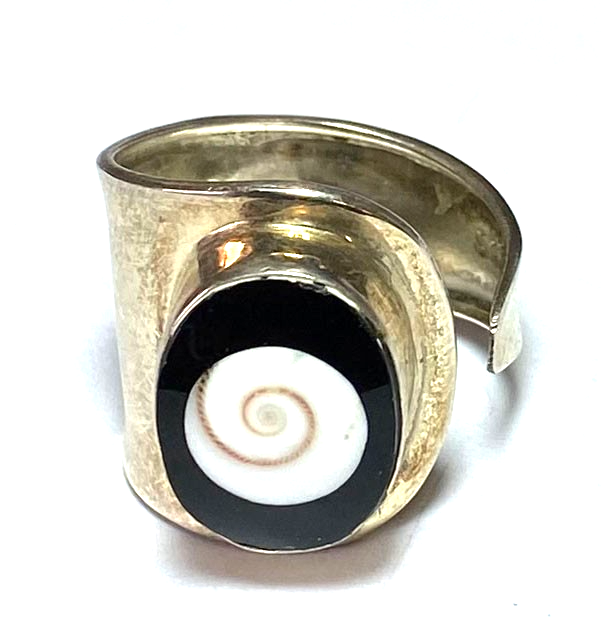 Sterling Onyx Shell Inlay Open Ended Adjustable Ring 20mm Size 7.5 ...