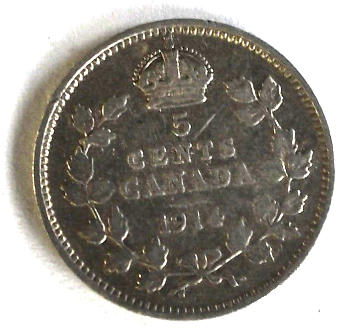1914 Canada 5c Five Cents Silver Coin Half Dime KM# 22