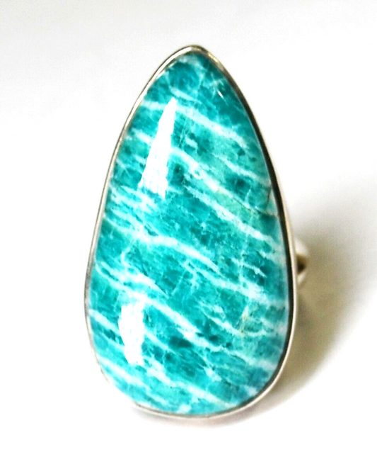 Sterling Silver Teardrop Amazonite Green Blue Ring 31mm Size 7