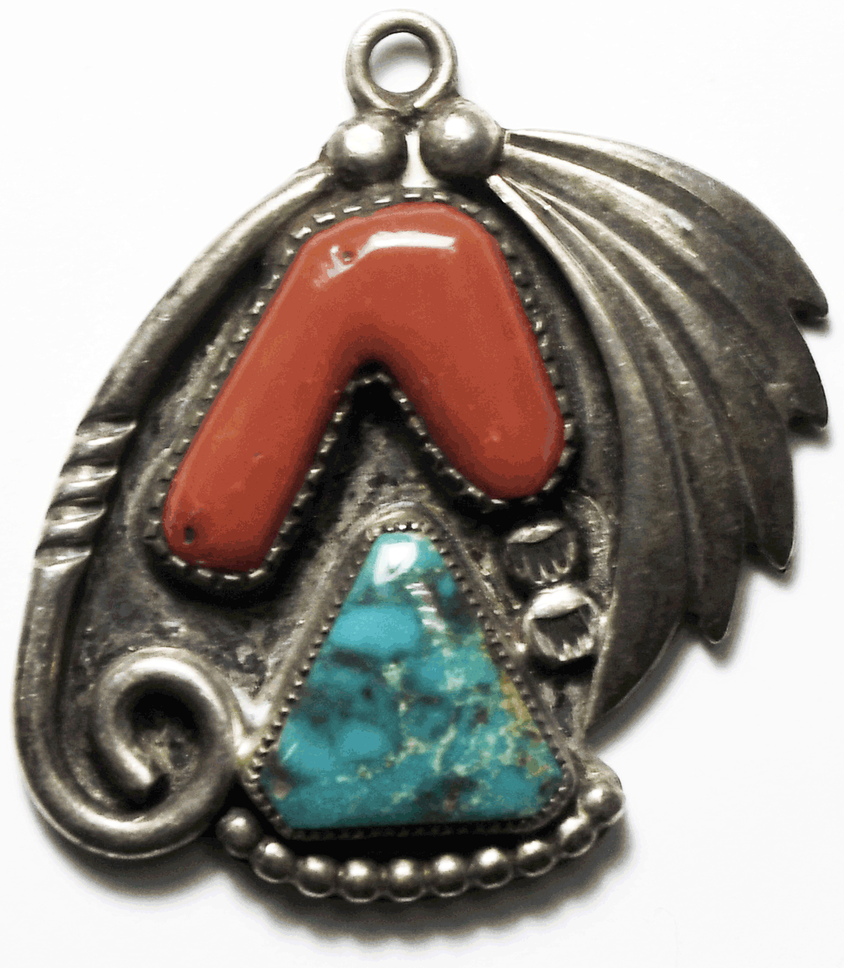Sterling Silver LT Coral Turquoise Pendant 38mm x 35mm