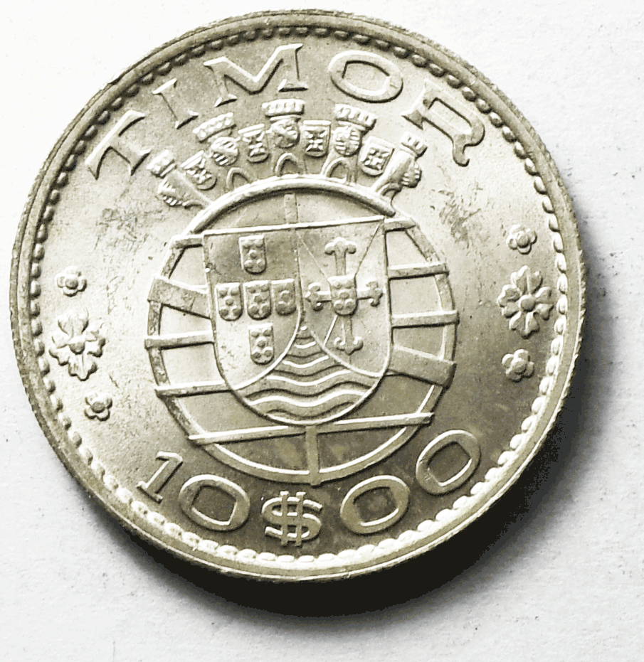 1964 Timor 10 Ten Escudos Silver Coin KM# 16 Uncirculated