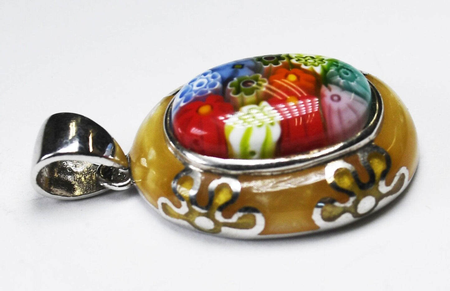 Sterling Oval Yellow Colorful Flower Glass Pendant 35mm x 20mm