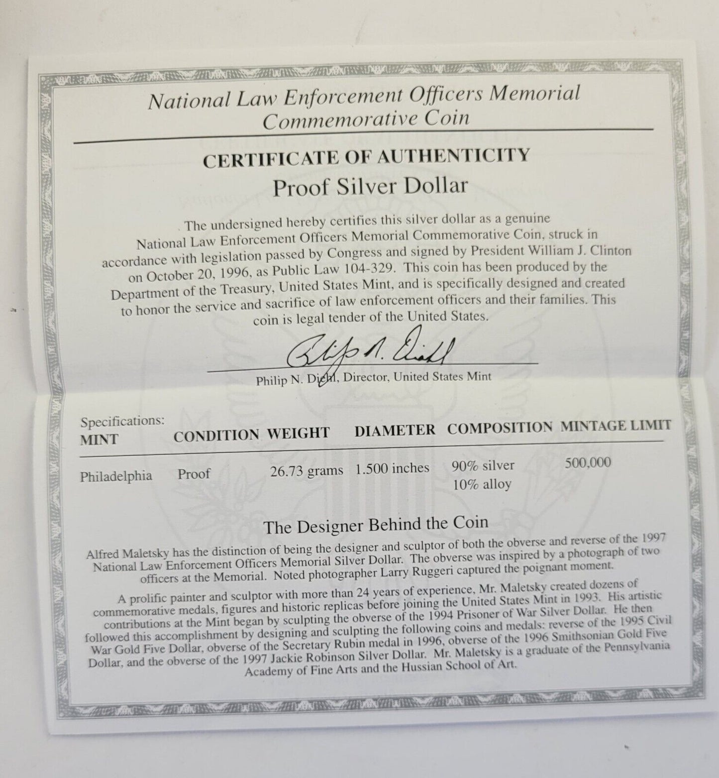 1997 P US Mint National Law Enforcement Officers Memorial Silver Dollar Coin