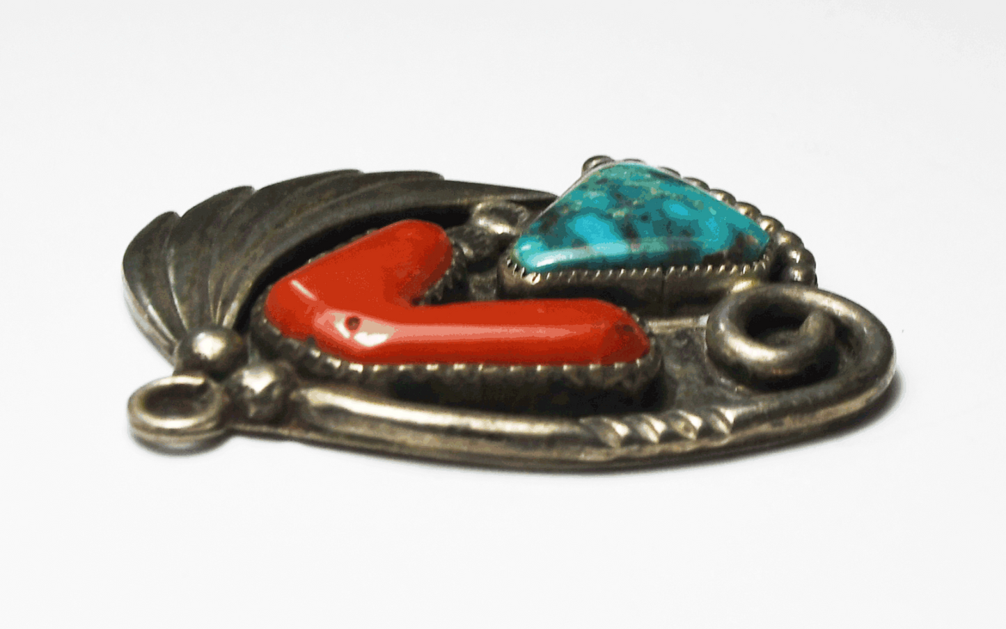 Sterling Silver LT Coral Turquoise Pendant 38mm x 35mm
