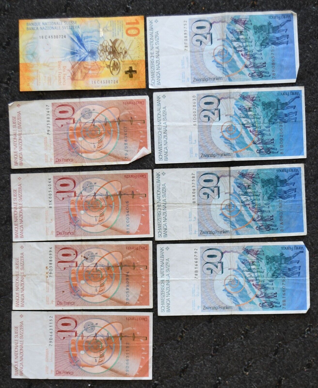 9-  Switzerland 10 Ten 20 Twenty Franken Banknotes 130 Francs Total