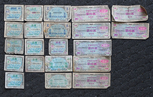 21- Japan WWII Military Currency Notes 50 Sen 1 5 10 & 20 Yen Proclomation