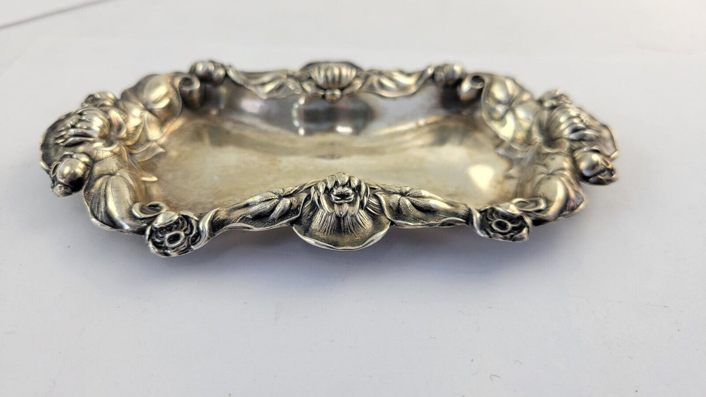 International Sterling Silver 5 1/4"  Repousse Floral Cigarette Ashtray 1.1oz.