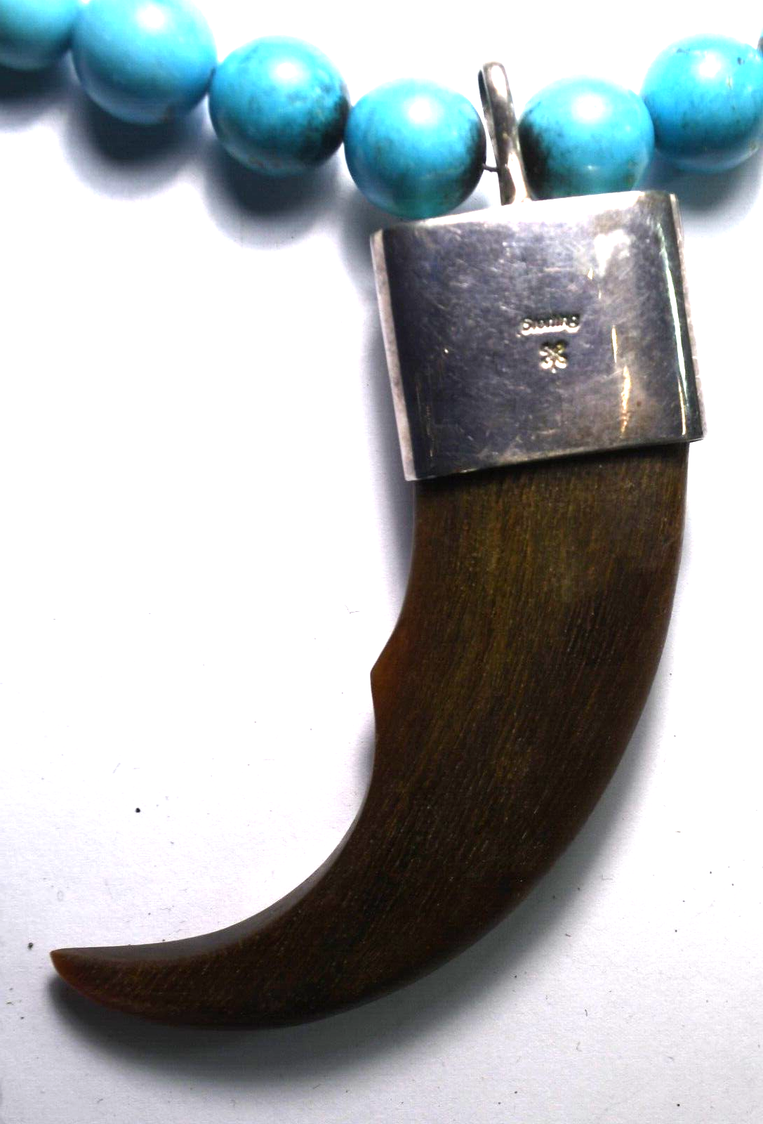 Howlite Silver Plated 7-9mm Round Bead Necklace Sterling Wood Claw Shamrock Mark