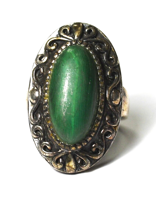 Sterling Silver Oval Malachite Filigree Ring 31mm Size 7