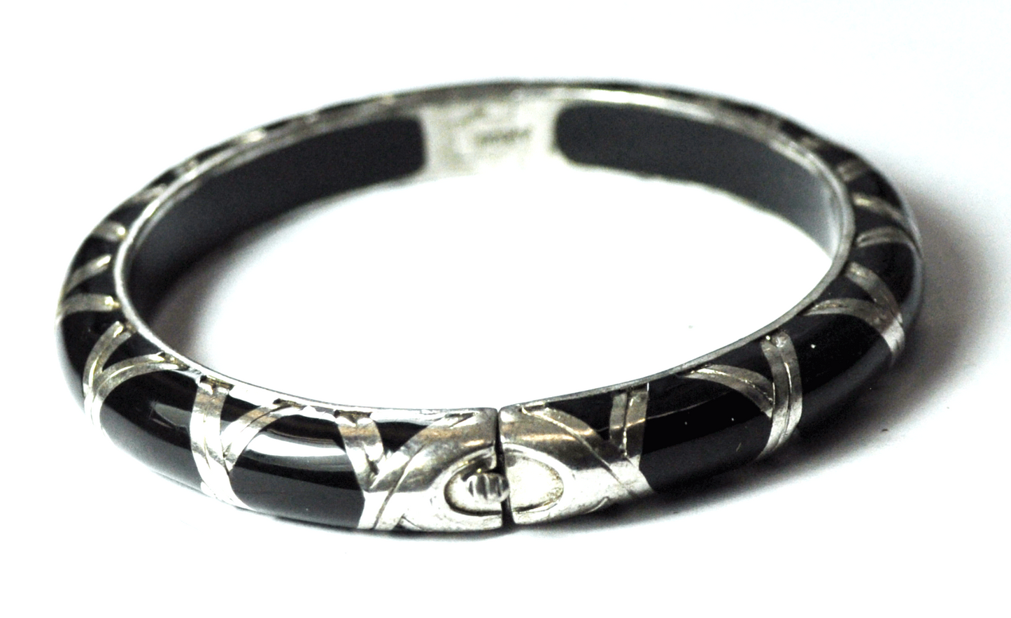 Sterling Silver AP 925 Convex Onyx Bar Metal Inlay Small Bangle Bracelet 8mm