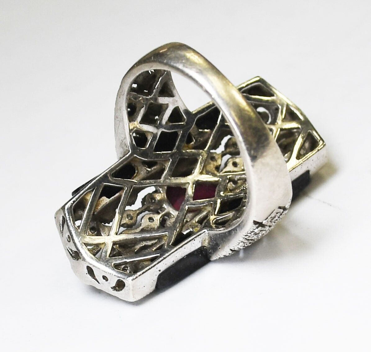 Sterling Silver Onyx CZ Garnet Filigree Ring 30mm Size 6