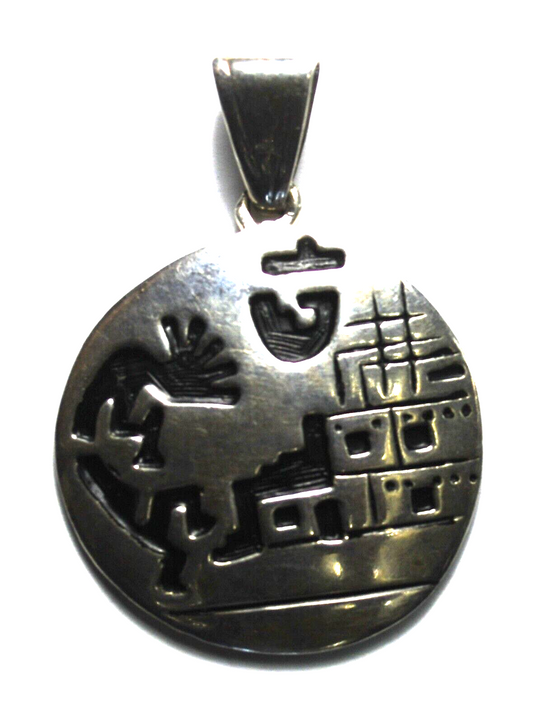 Sterling Silver Round Disc Kokopelli Pueblo Pendant 46mm x 33mm