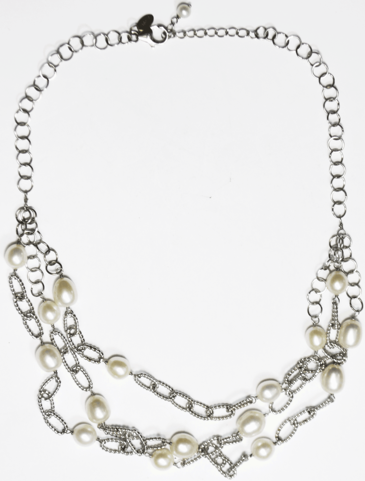Sterling VVV 3 Tier 6mm Striped Chain 9mm Pearl Necklace 18"  37g