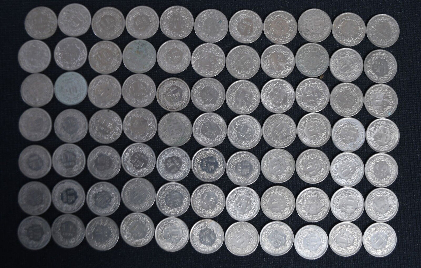 77pc Switzerland One 1 Franc Coin Lot 1970-1995
