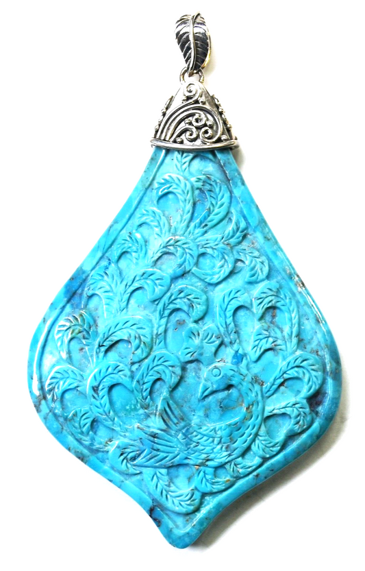 Sterling Silver Sajen Compressed Turquoise Peacock Large Pendant 3-3/4" x 55mm