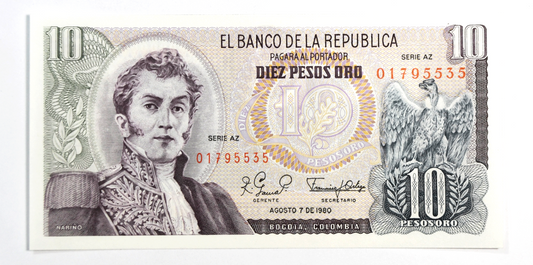 1980 10 Ten Pesos Colombia Banknote Uncirculated 01795535