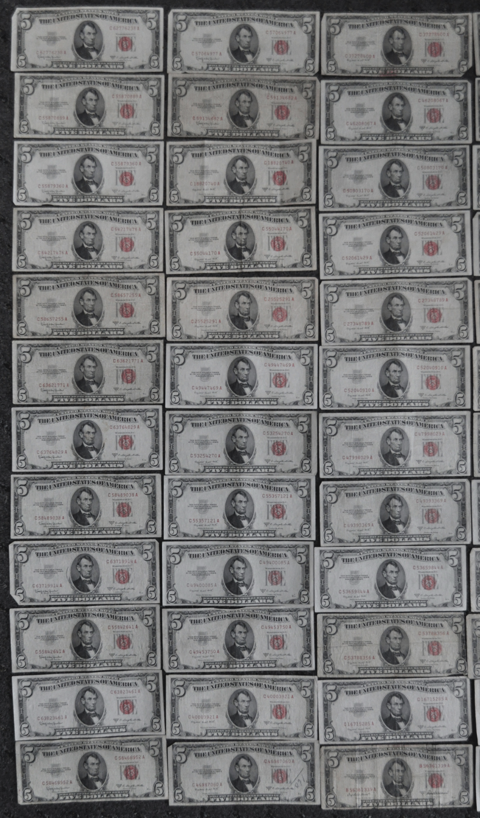 Lot of 48 Series 1953 53A 53B & 53C $5 Legal Tender Red Seal Notes Circulated