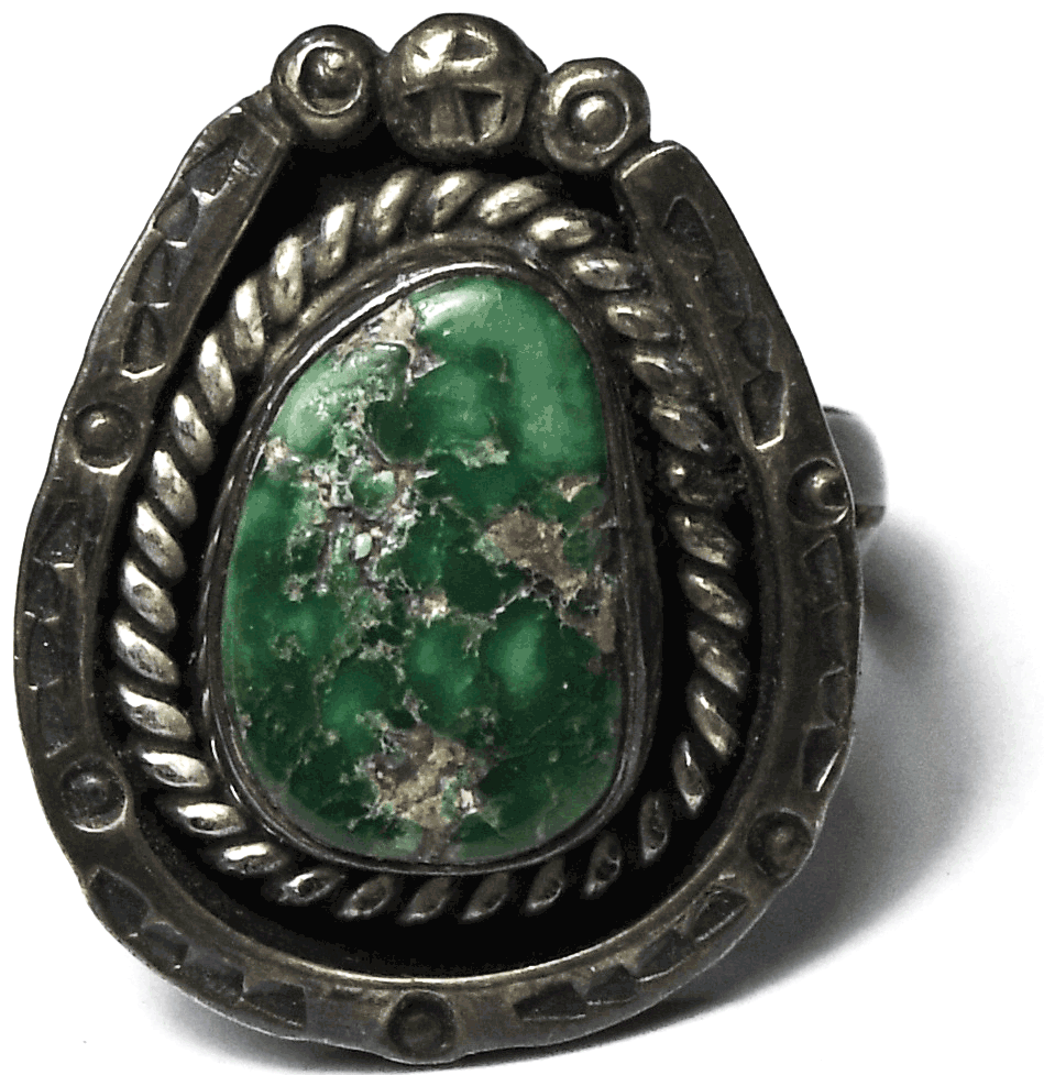Antique Sterling Silver Green Turquoise Horse Shoe Ring 25mm Size 8