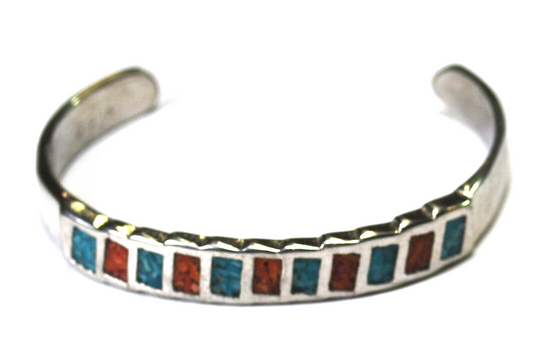 Silver Tone Child's Cuff Turquoise Coral Chip Inlay Bracelet 7mm 5" Wrist