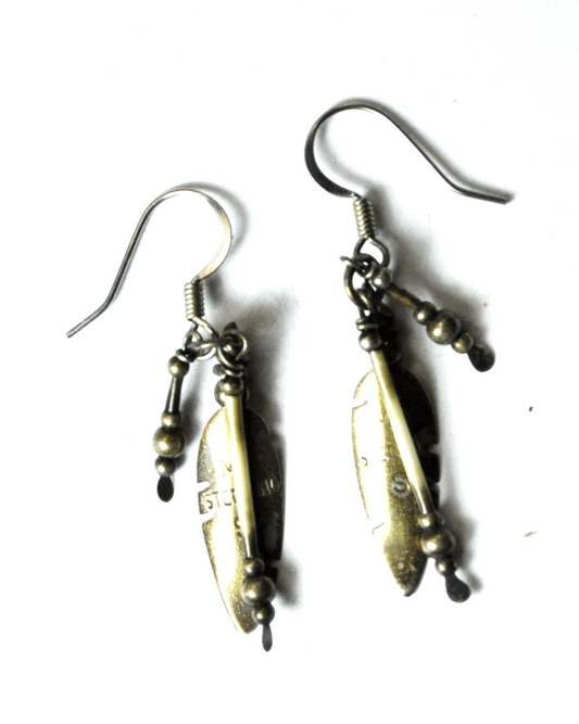 Sterling Silver Signed MS Feather Bead Dangle Earrings Hook 1-5/8" x 7mm