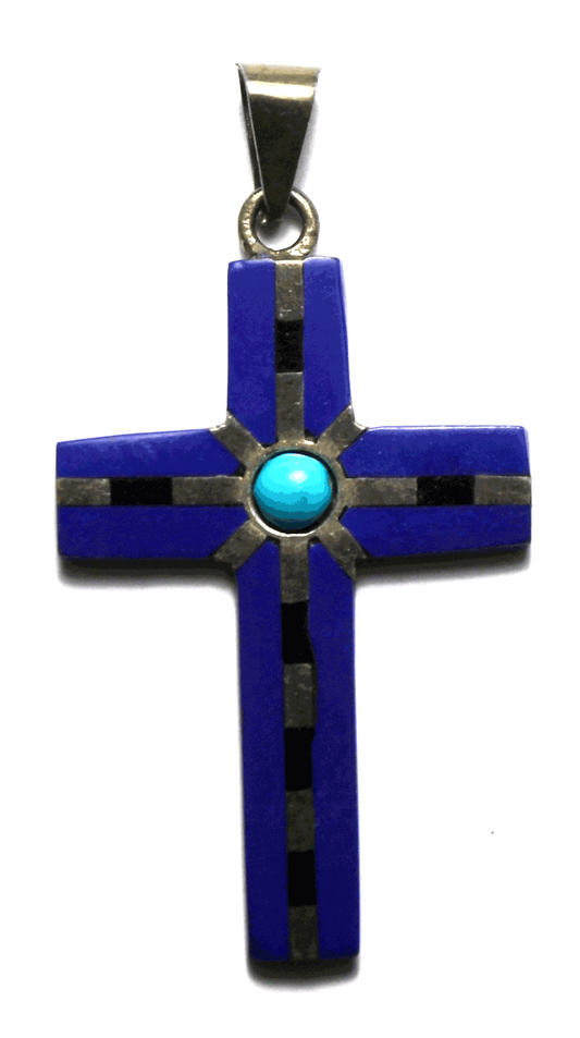 Sterling Silver TN-52 Lapis Onyx Turquoise Inlay Cross Pendant 53mm x 28mm
