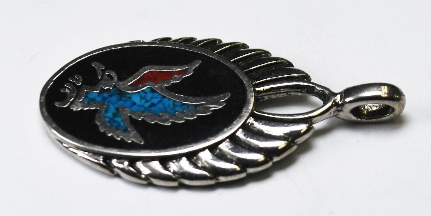 Sterling SW 92 Onyx Turquoise Coral Chip Inlay Eagle Wings Pendant 40mm x 21mm