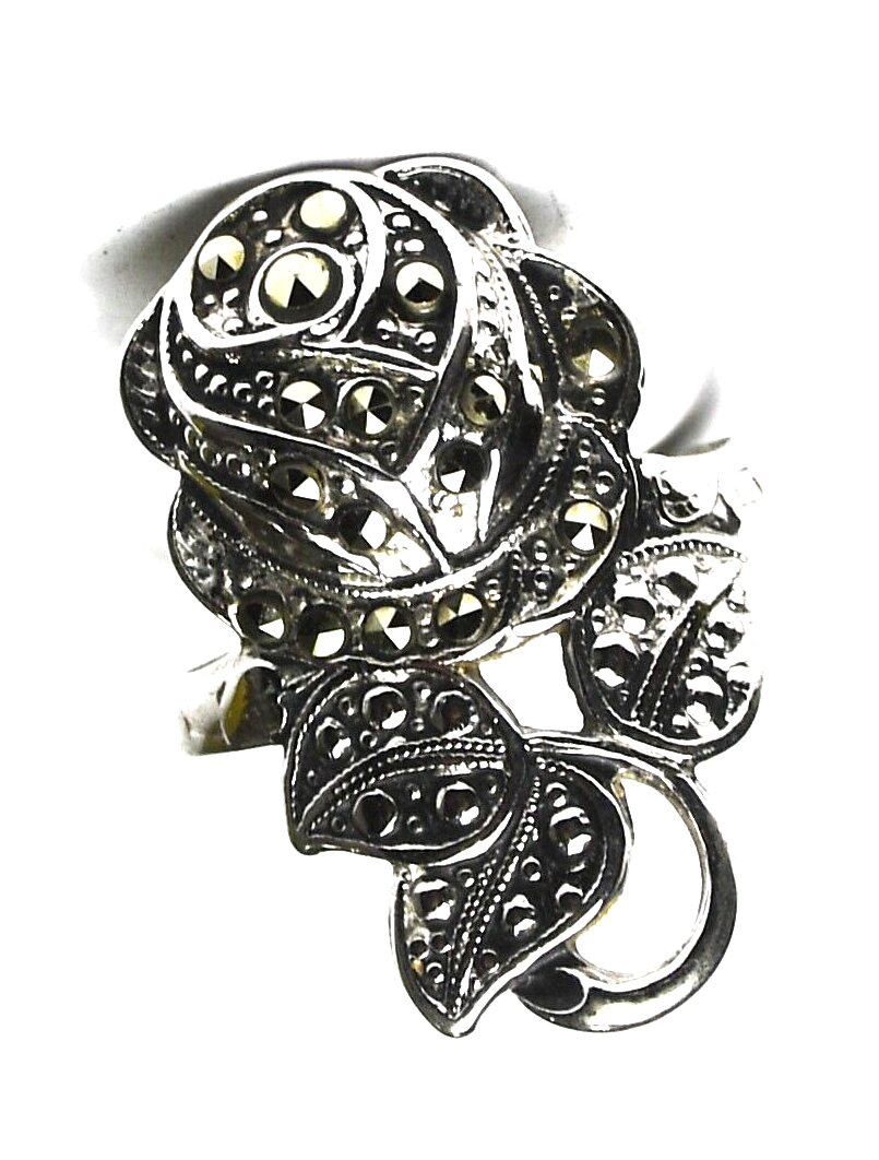 Sterling Silver Marcasite Flower Rose Ring 27mm Size 8