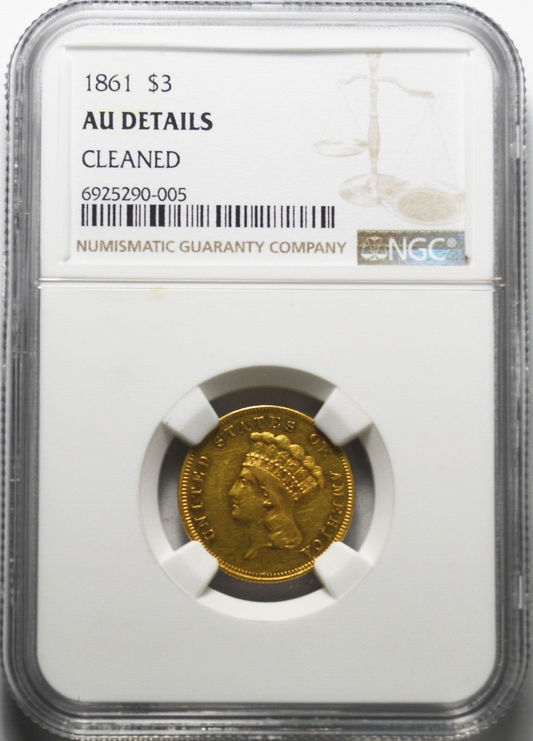 1861 $3 Three Dollars Indian Head Gold NGC AU Details Civil War