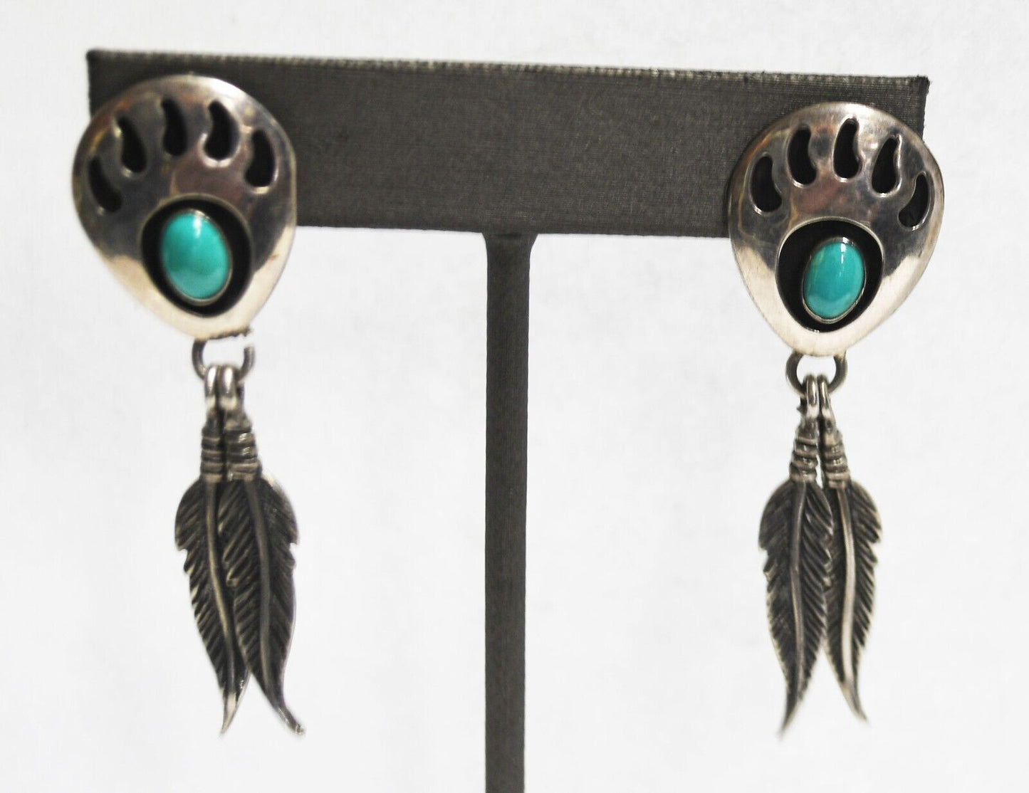Sterling Turquoise Shadow Box Bear Claw Feather Dangle Earrings 17mm x 55mm