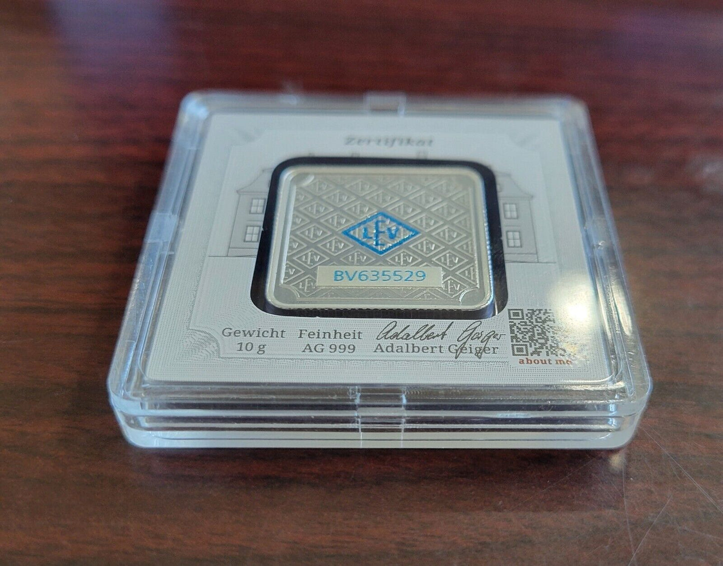 10 gram Silver Square Geiger Edelmetalle Encapsulated w/Assay Card Germany