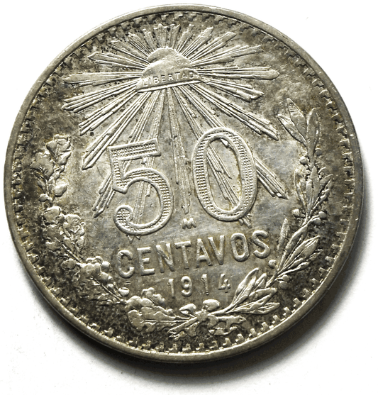 1914 Mexico Estados Unidos Mexicanos Fifty Centavos 50c Silver Coin KM#445 AU