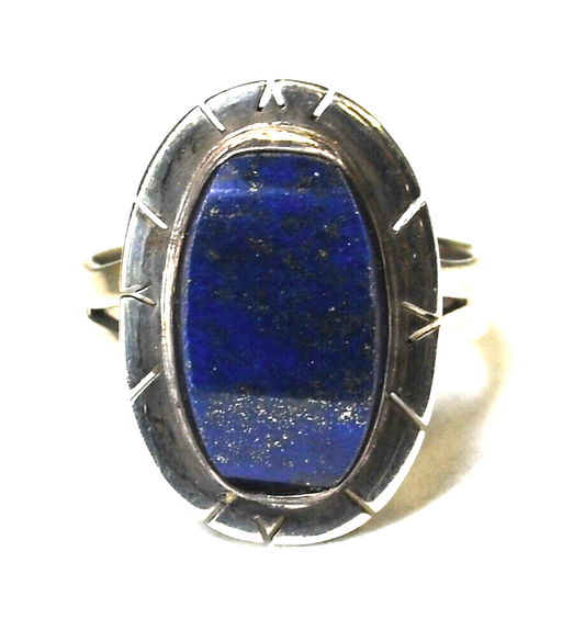 Sterling Silver Oval Lapis Stripe Halo Ring 22mm Size 9