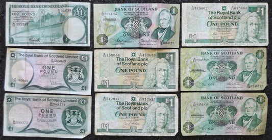 9 Royal Bank of Scotland One Pound Banknotes 1972-1992