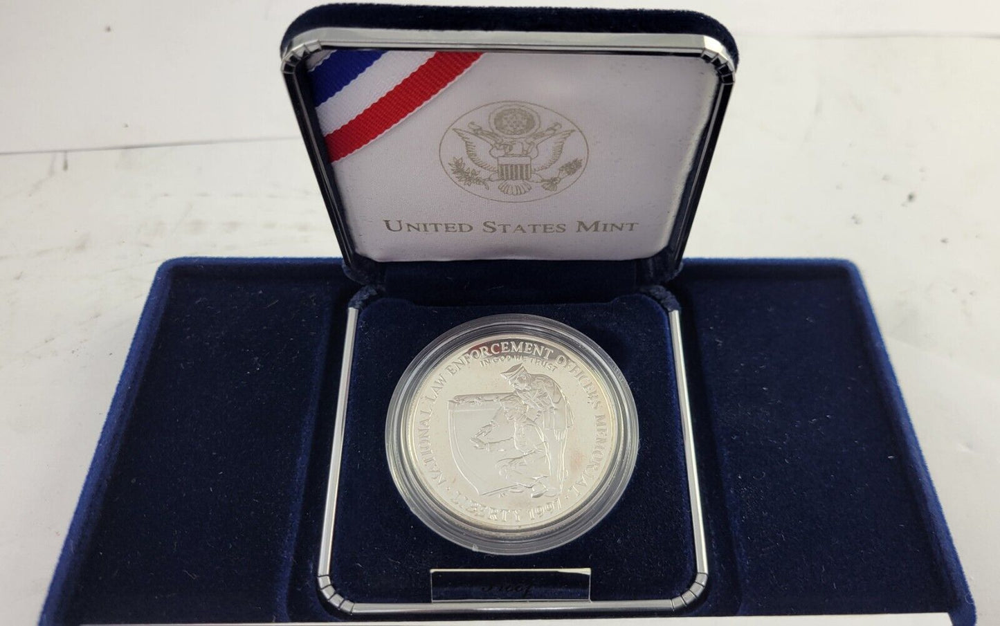 1997 P $1 Law Enforcement Proof U.S. Commemorative Silver Dollar w/Box & Paper