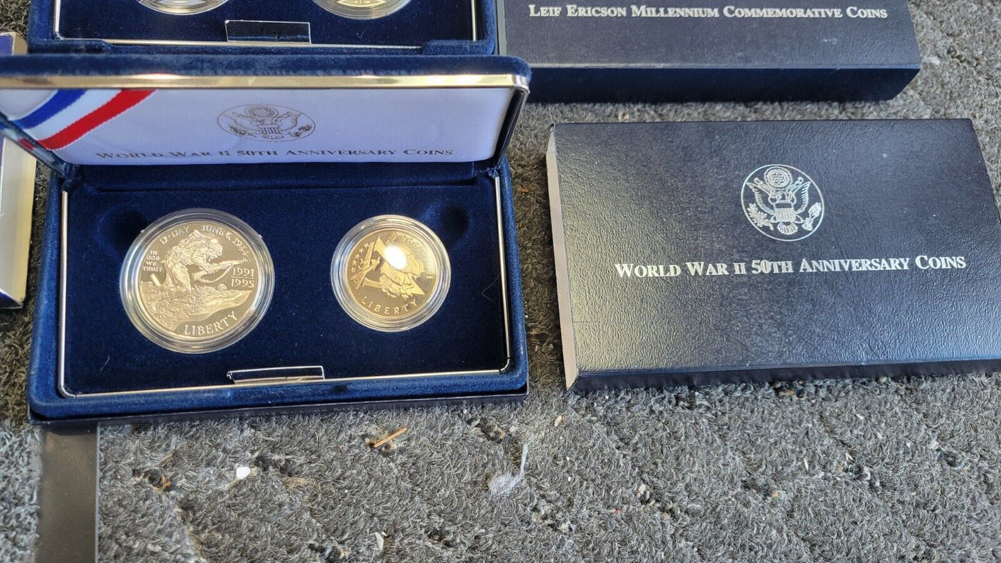 6 Commemorative US MINT Boxed Leif, Ellis, Capitol, Olympic, WWII 50TH, Rushmore