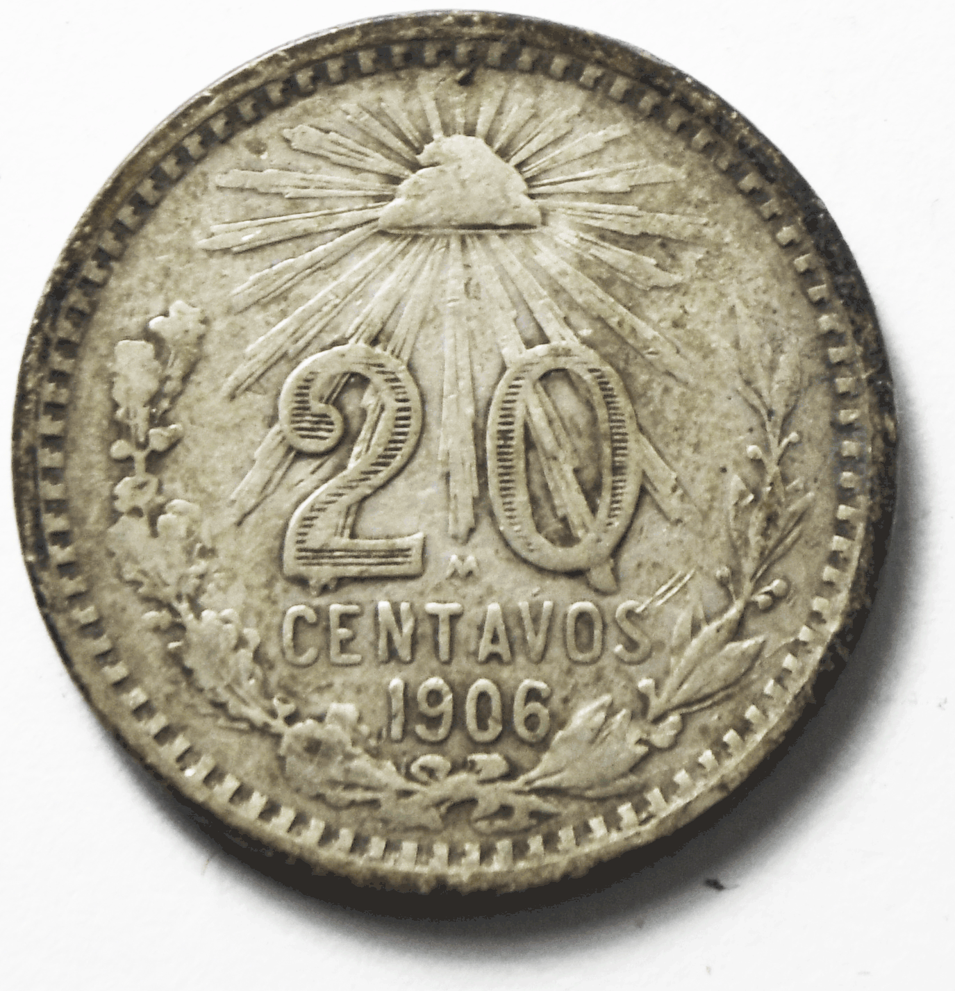 1906 Mexico Estados Unidos Mexicanos 20 Twenty Centavos Silver Coin KM# 435