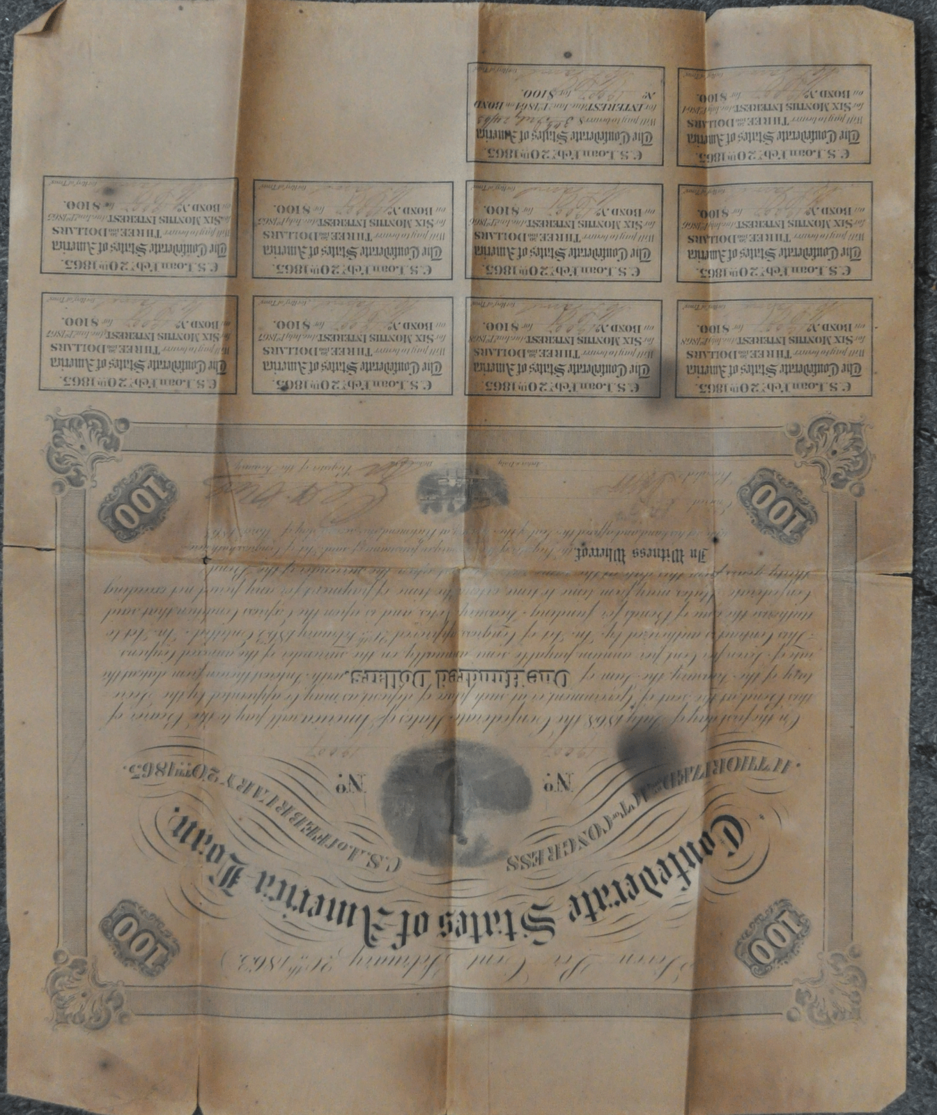 1863 $100 One Hundred Confederate States of America Loan Charles Rose