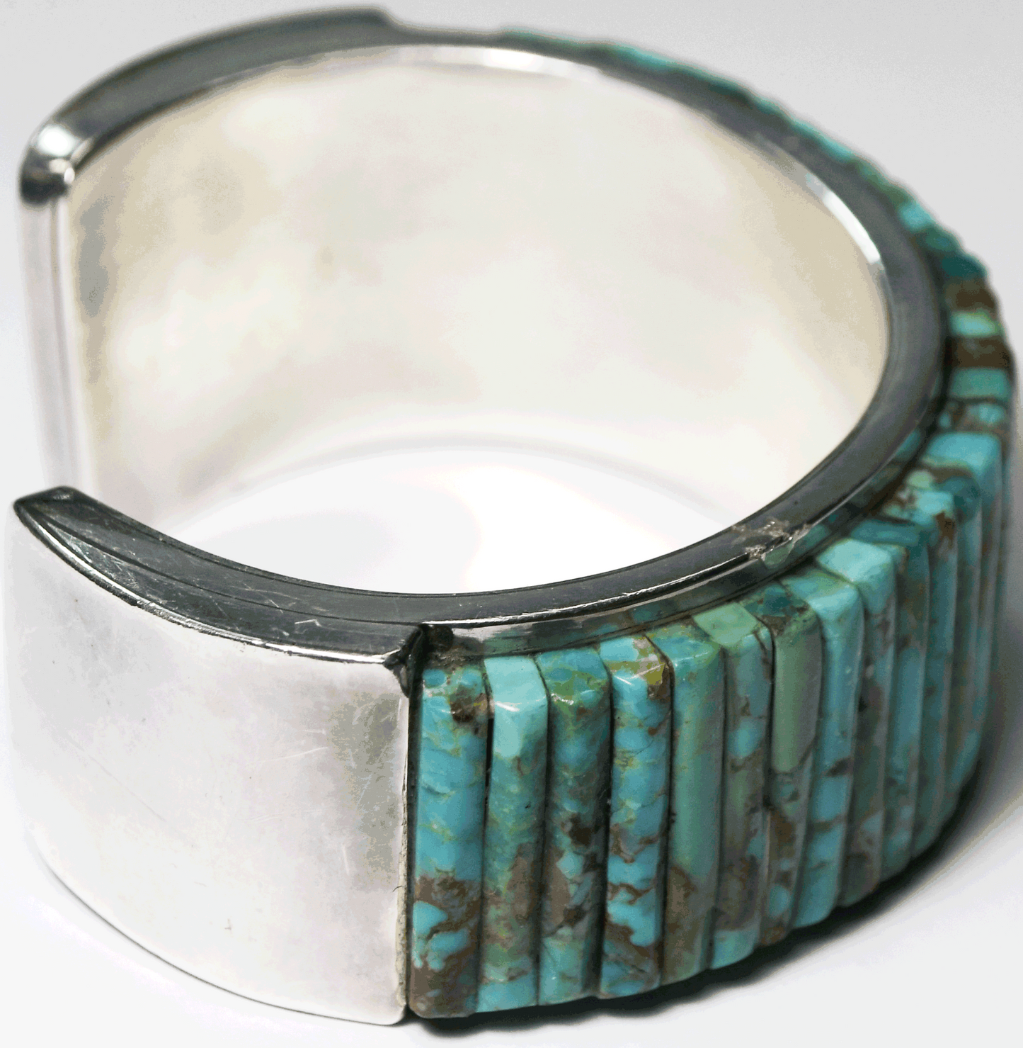 Sterling Pete Sierra Raised Cornrow Turquoise Inlay 28mm Cuff Bracelet 101g