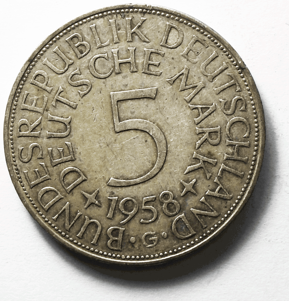 1958 G Germany Federal Republic 5 Five Marks Silver Coin KM# 112.1