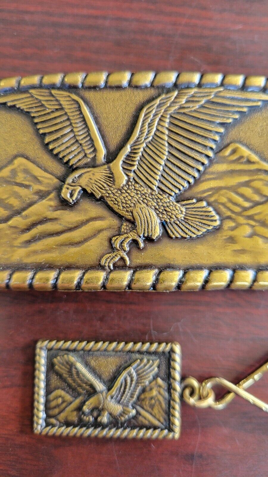 Brass American Eagle Spanned Wings & Mountains Belt Buckle and Key Chain Set