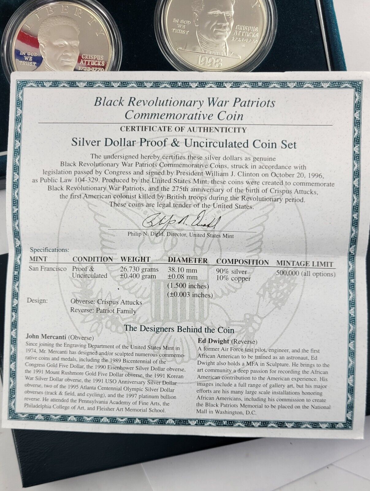 1998 S Black Revolutionary War Patriots Commemorative 2pc Silver Dollar Coin Set